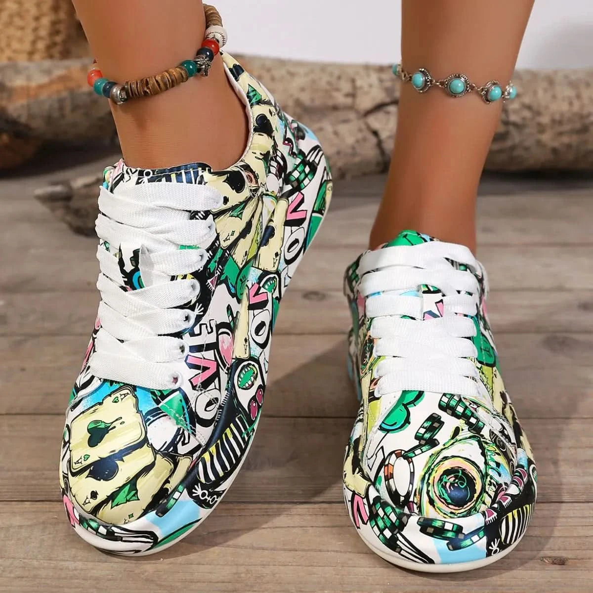 Abstract Print Lace Up Sneakers Green