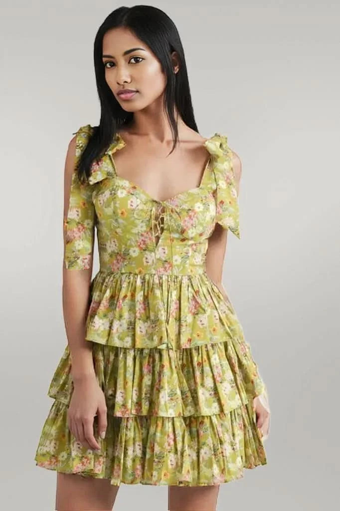 MABLE Floral Print Shoulder Tie Layered Mini Dress
