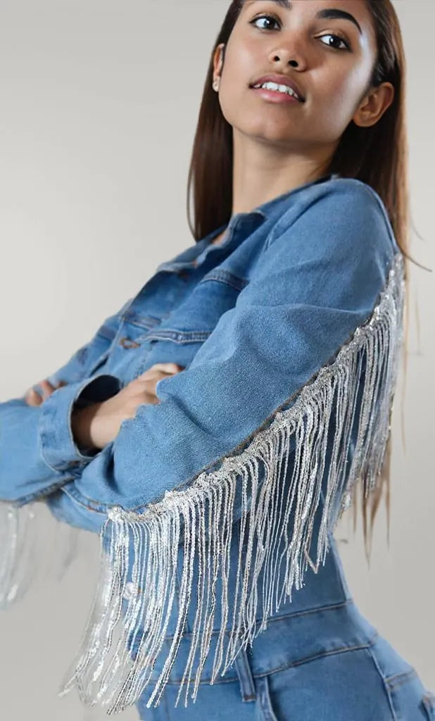 Fringe Half Button Long Sleeve Denim Jumpsuit