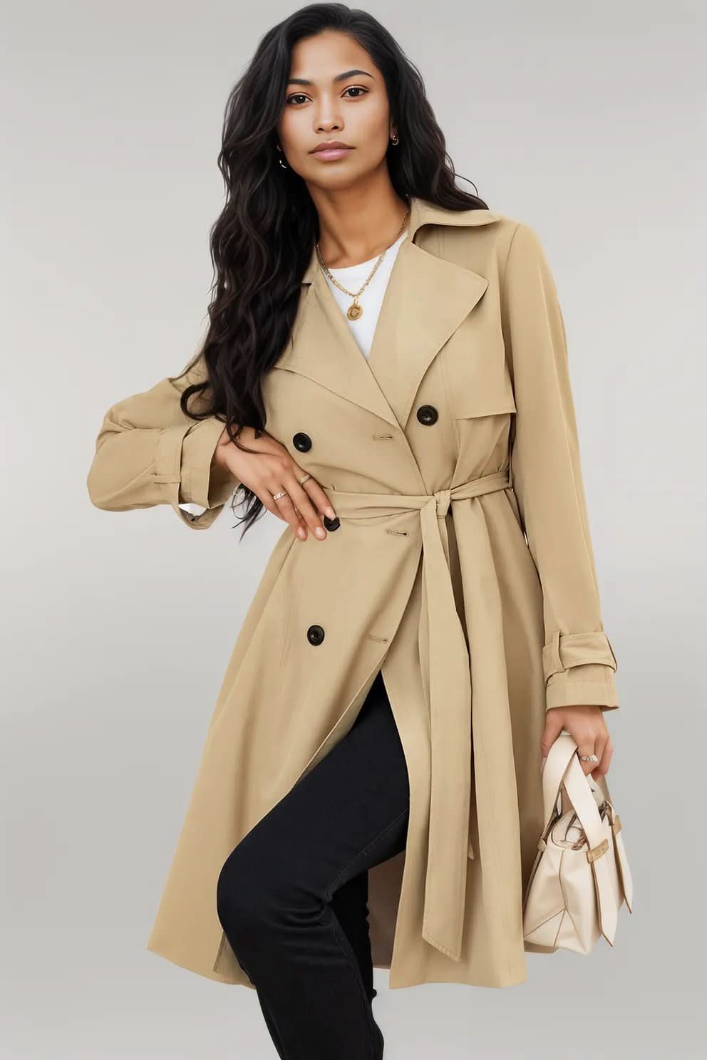 Pale Khaki Solid Color Lapel Collar Waist Tie Wind Coat