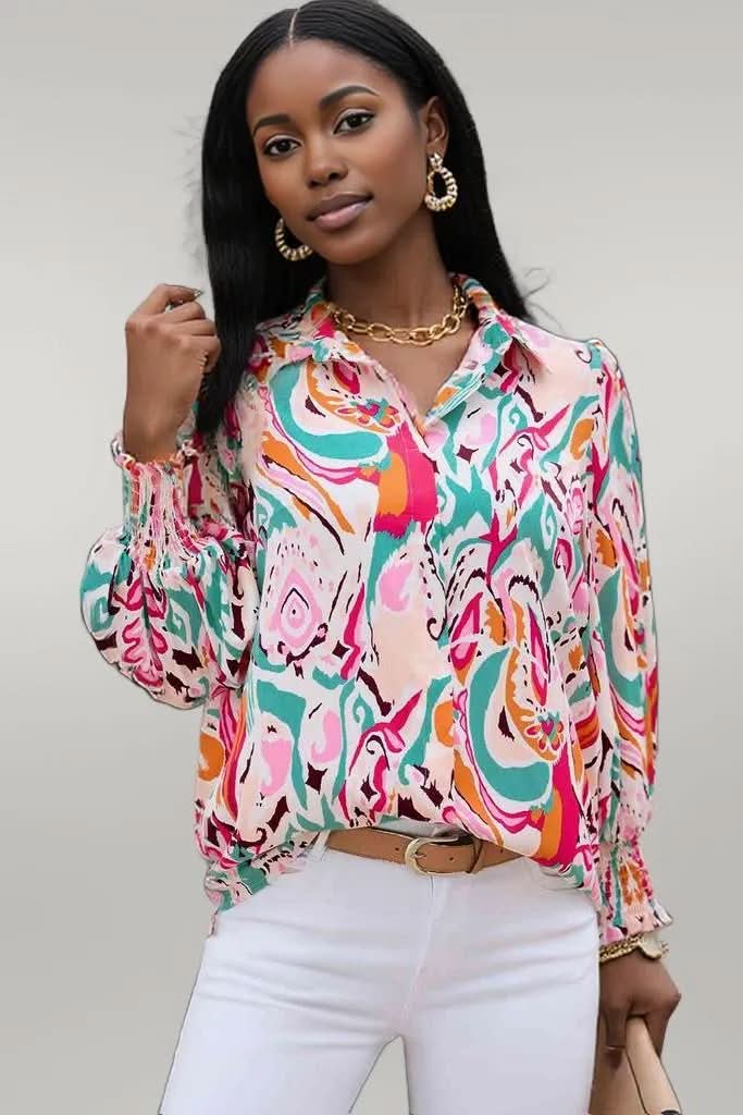 Printed Puff Sleeve Collared Blouse