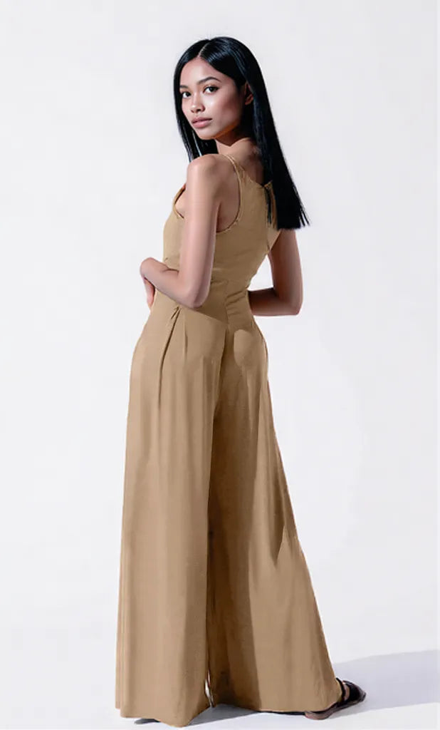 Square Neck Wide Strap Jumpsuit Camel