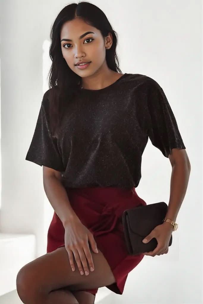 Black Bow Decor Glittery Short Sleeve Top