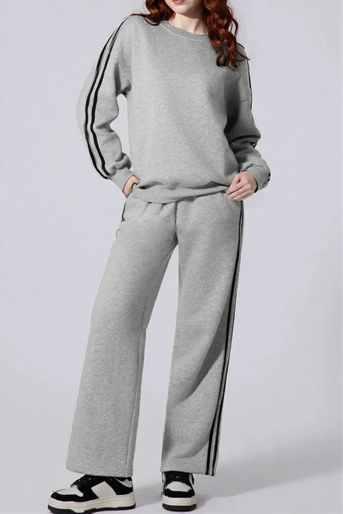 Side Striped Round Neck Top and Pants Active Set Light Gray