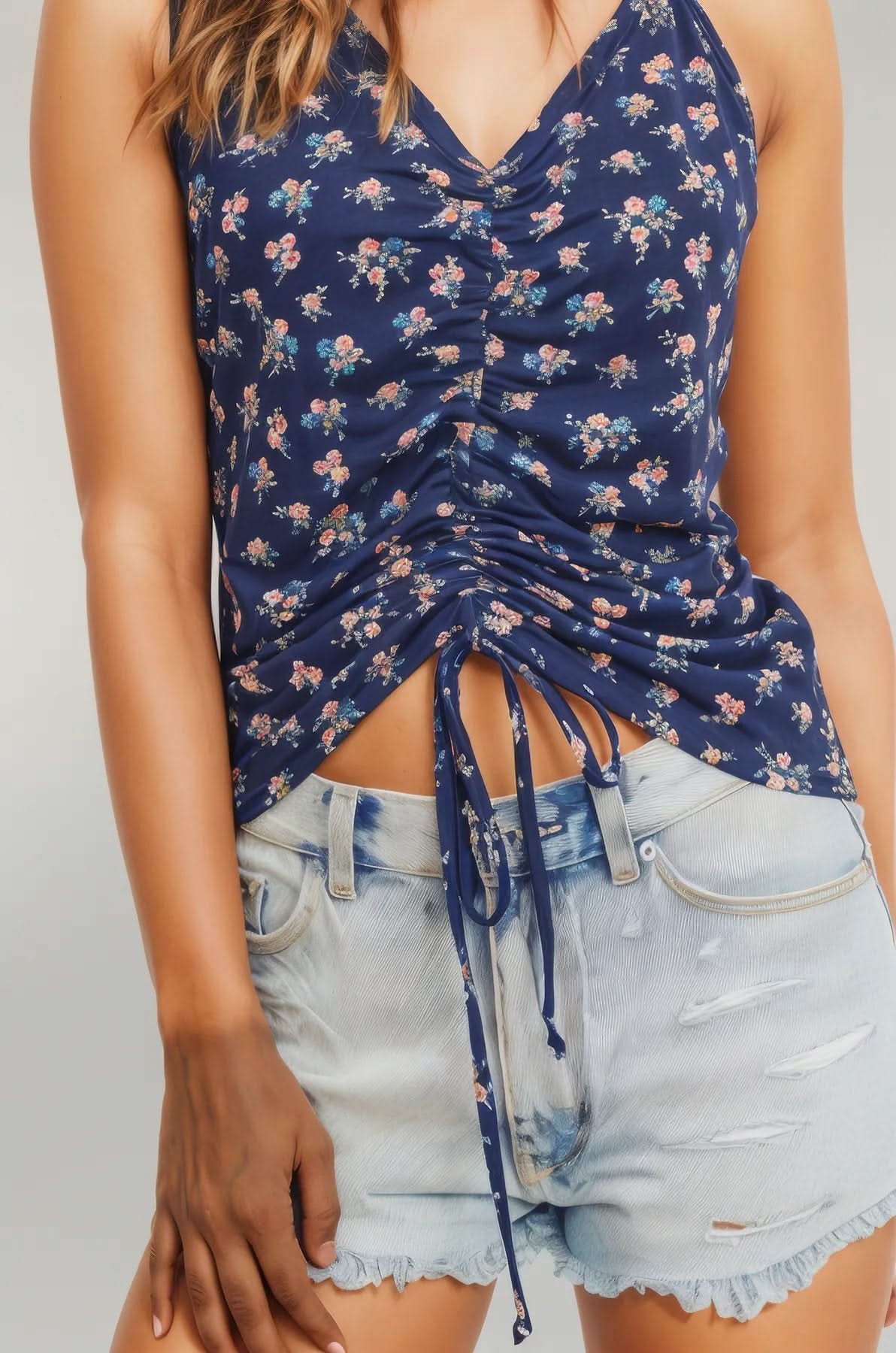 Printed Jersey Front Gathered Sleeveless Top