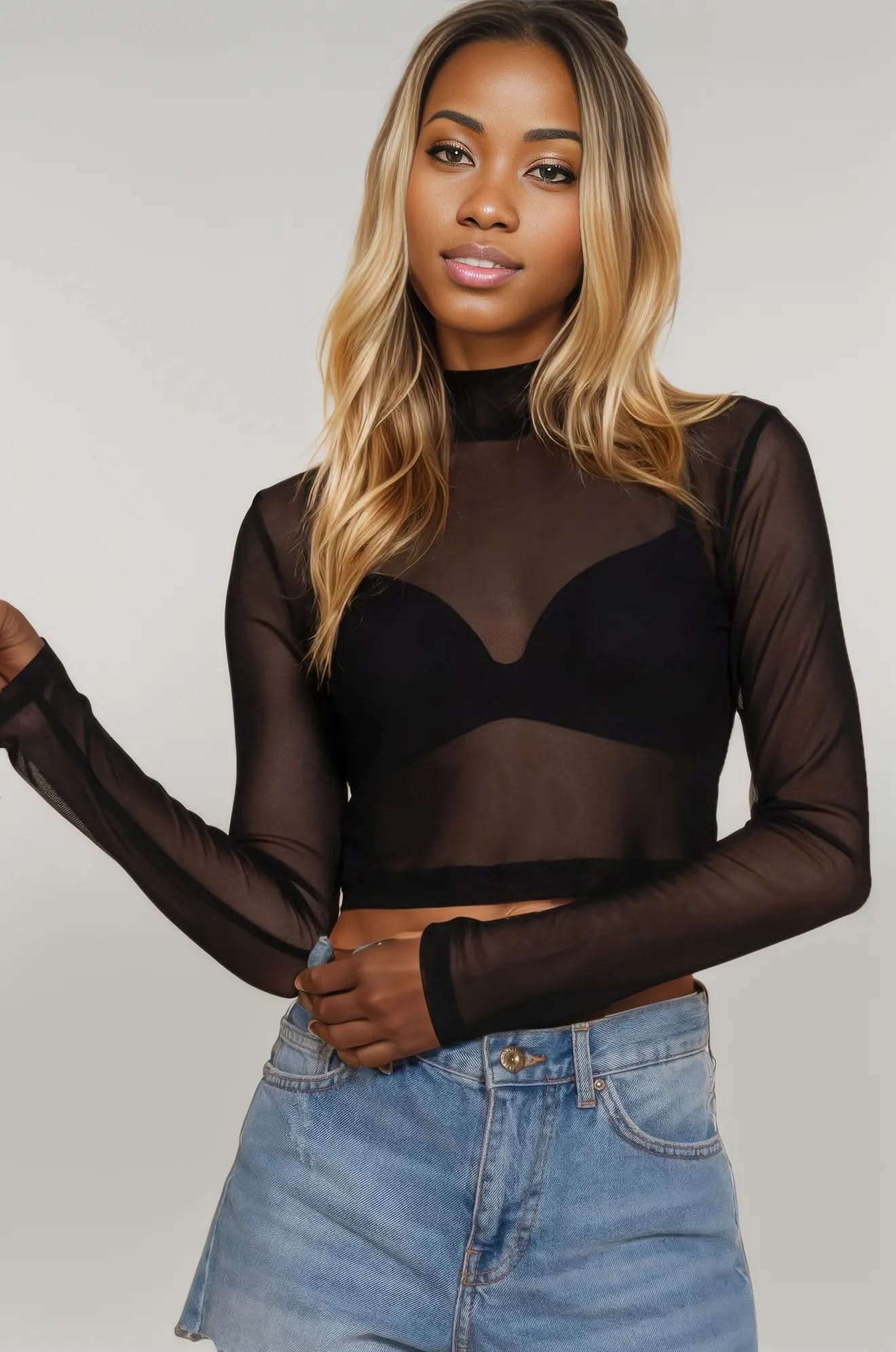 Long Sleeve Mock Neck Mesh Top Black