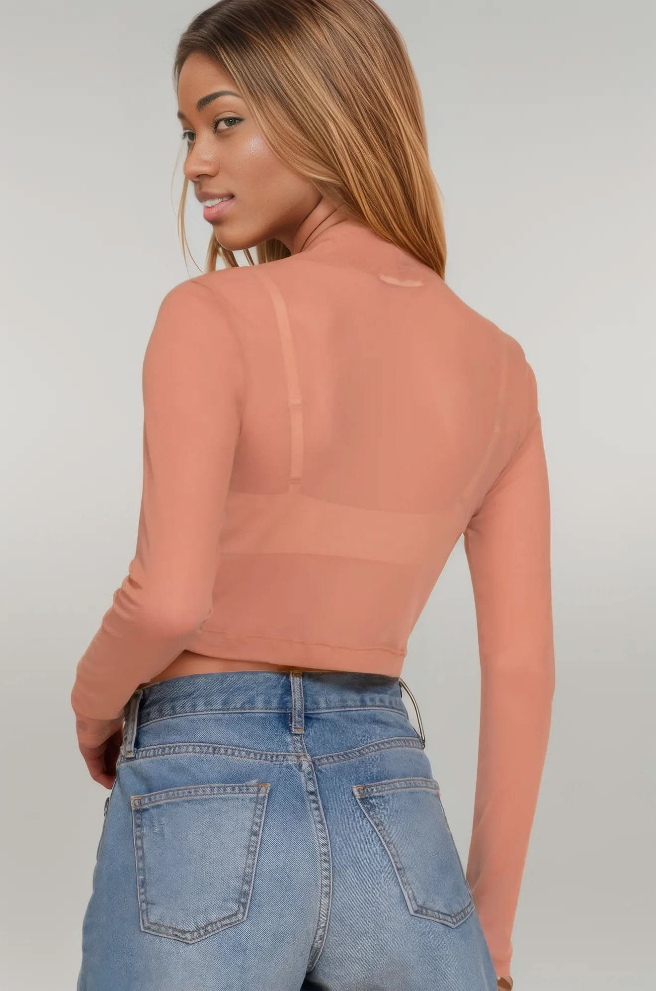Long Sleeve Mock Neck Mesh Top
