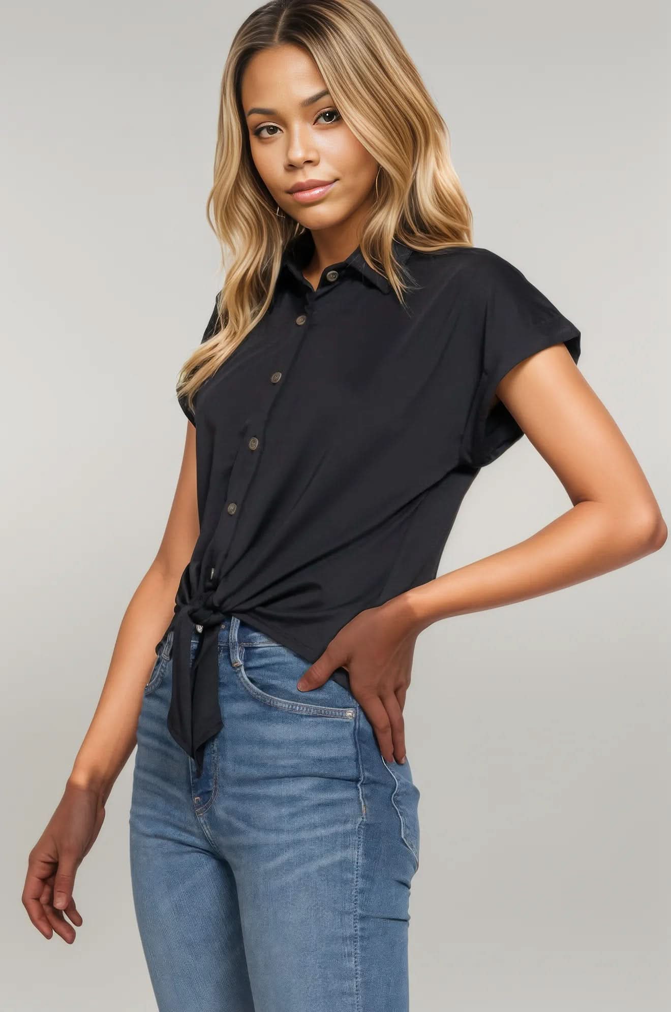 Short Slv Front Tie Stretch Ity Top L