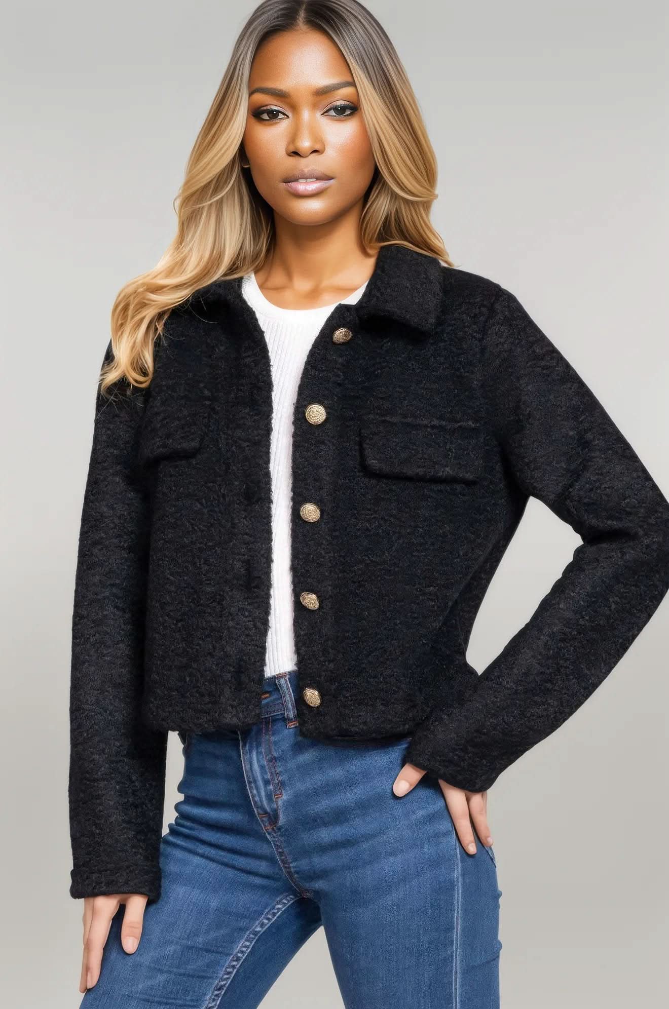 Long Slv Teddy Fleece Short Jacket Black