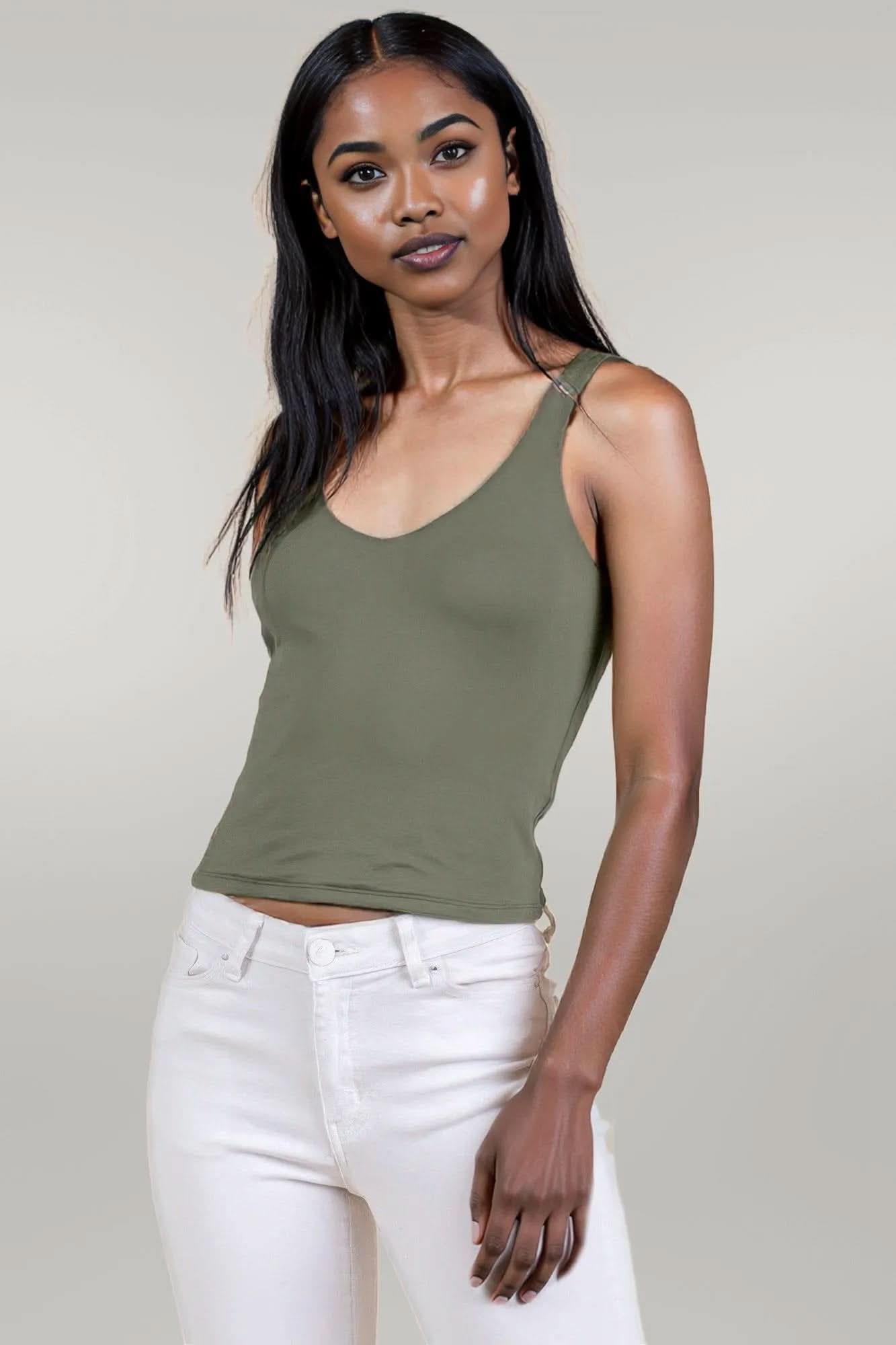 V-neck Basic Double Layers Tank Top Fade olive