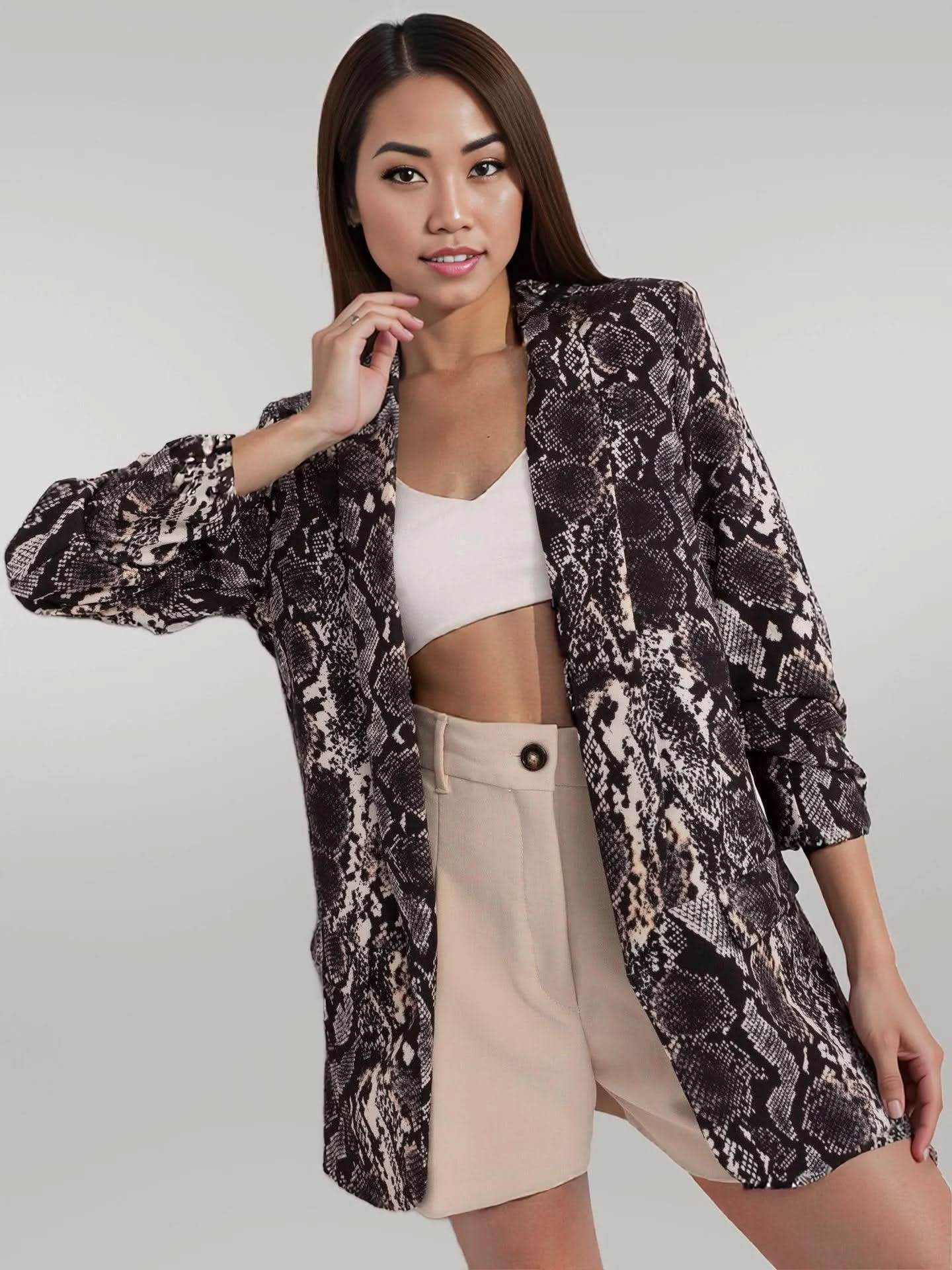 Women Slimming British Leopard Print Snake Print Long Sleeved Jacket Loose Buckle Free Elegant Business Top Snake Pattern Black