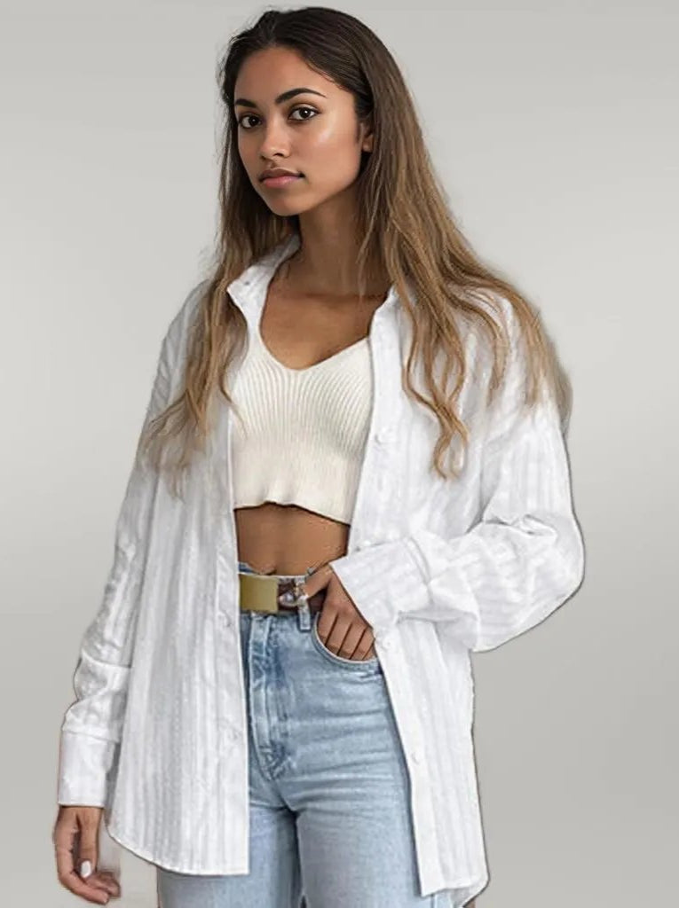 French White Convex Jacquard Collared Loose Shirt