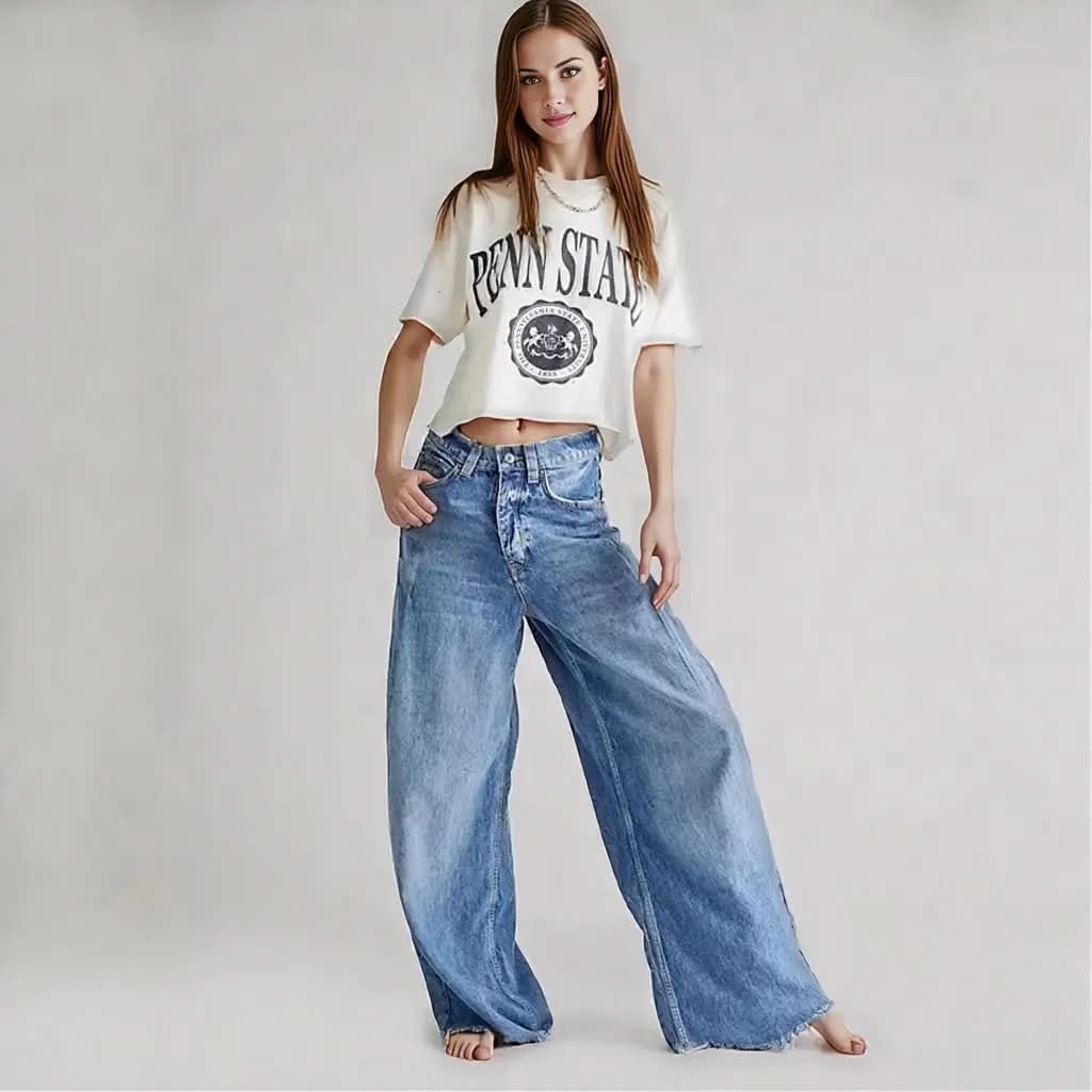 Retro Washed High Waist Drooping Straight Wide Leg Denim Trousers