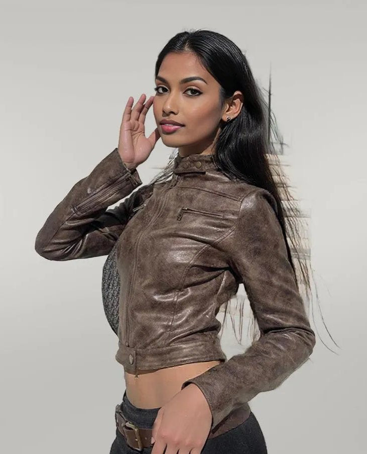 Slimming Stand Collar Faux Leather Jacket