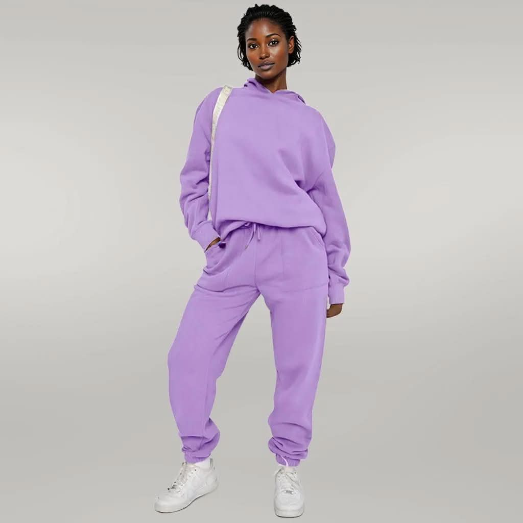 Solid Color Hooded Sweater Pants Set Women