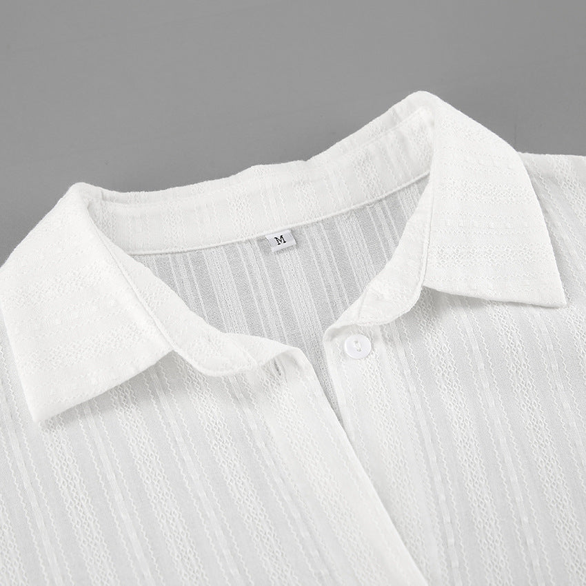 French White Convex Jacquard Collared Loose Shirt
