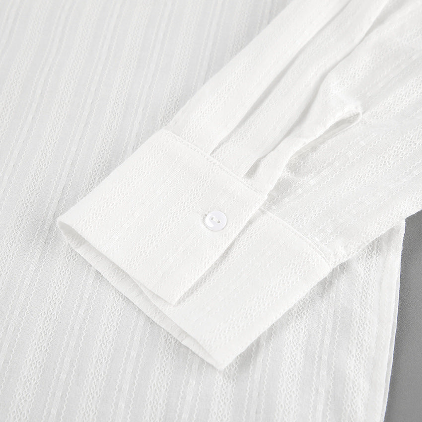 French White Convex Jacquard Collared Loose Shirt