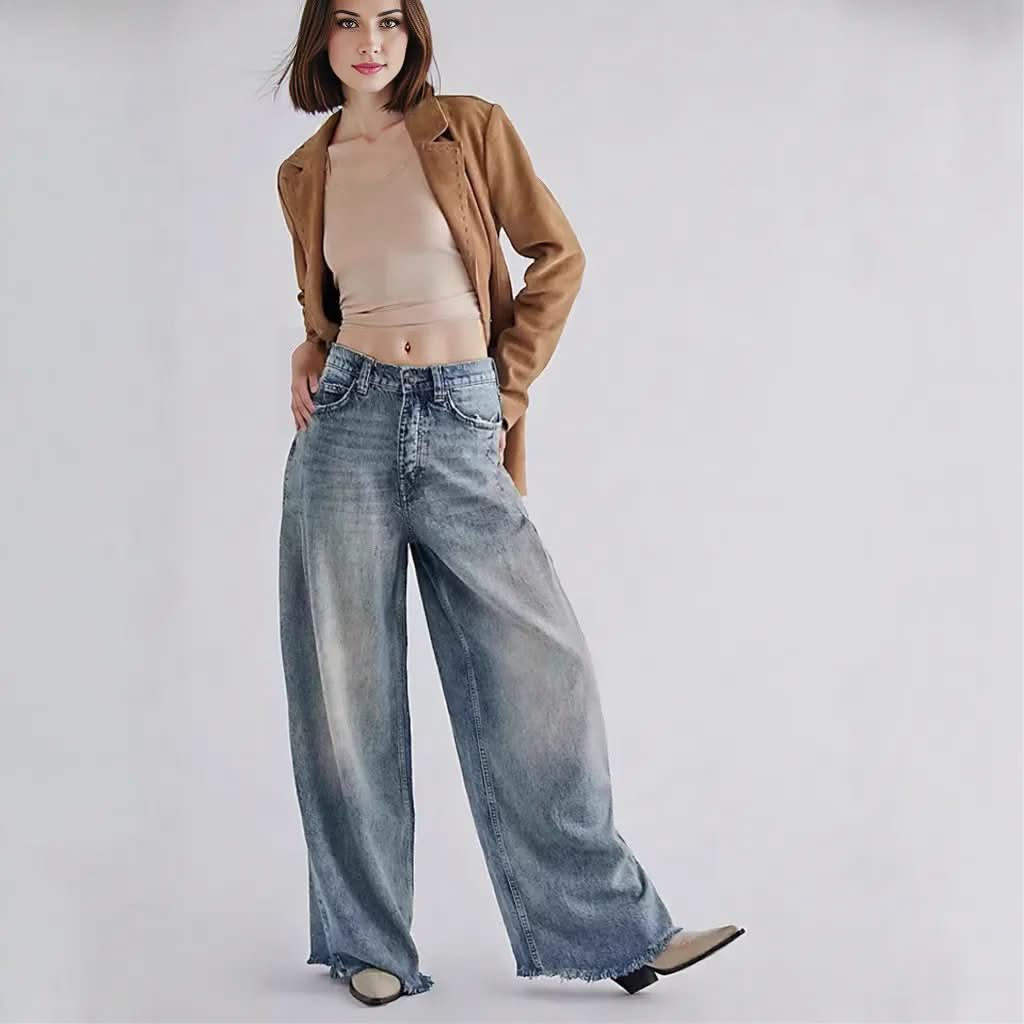 Retro Washed High Waist Drooping Straight Wide Leg Denim Trousers