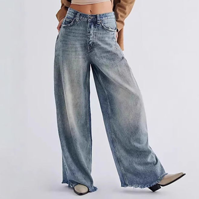 Retro Washed High Waist Drooping Straight Wide Leg Denim Trousers Blue Black