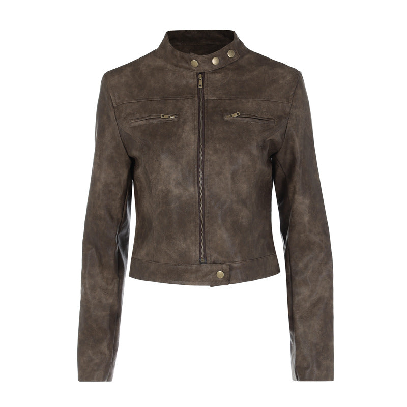 Slimming Stand Collar Faux Leather Jacket