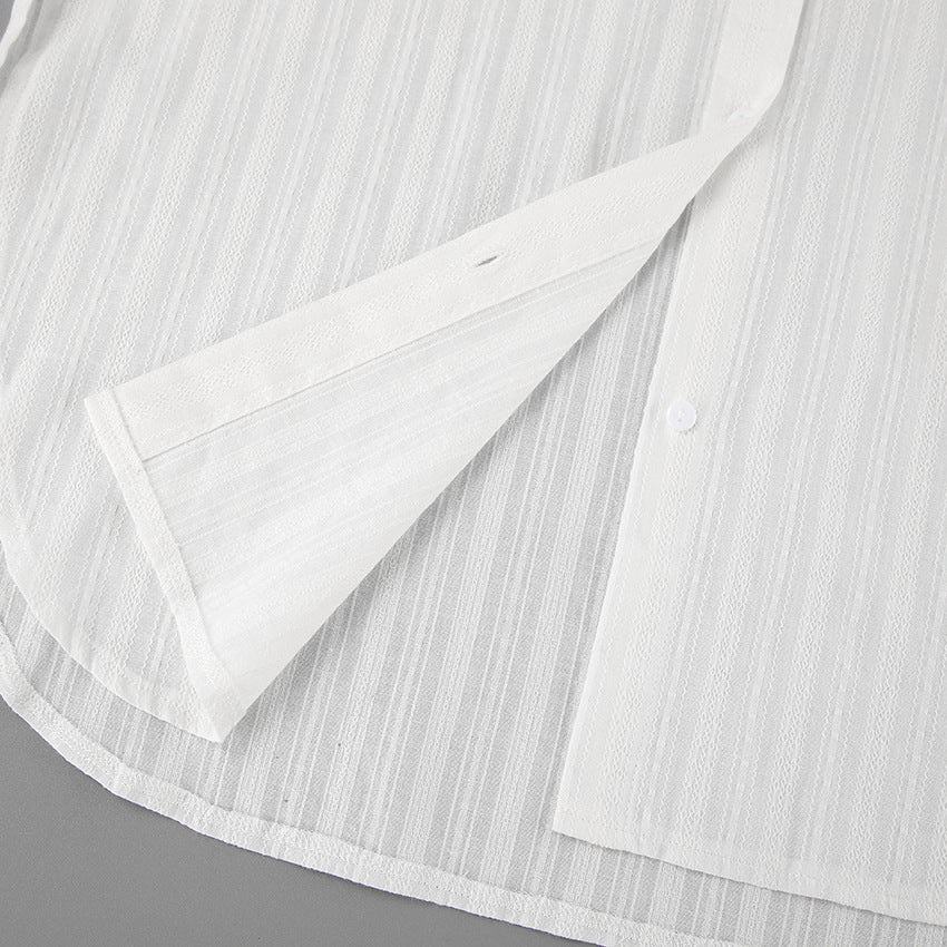 French White Convex Jacquard Collared Loose Shirt