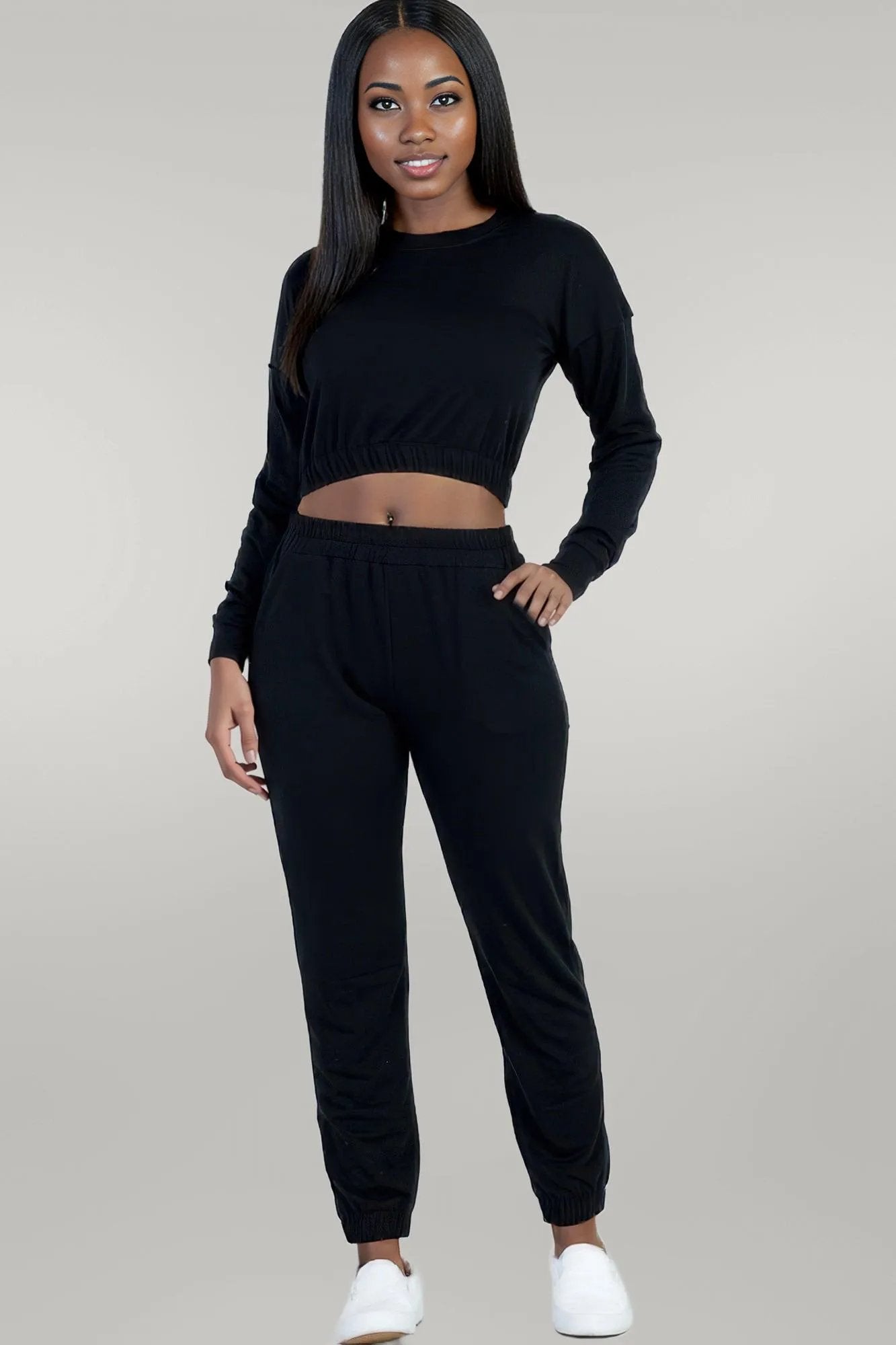 French Terry Elastic Waist Pullover & Joggers Set Black