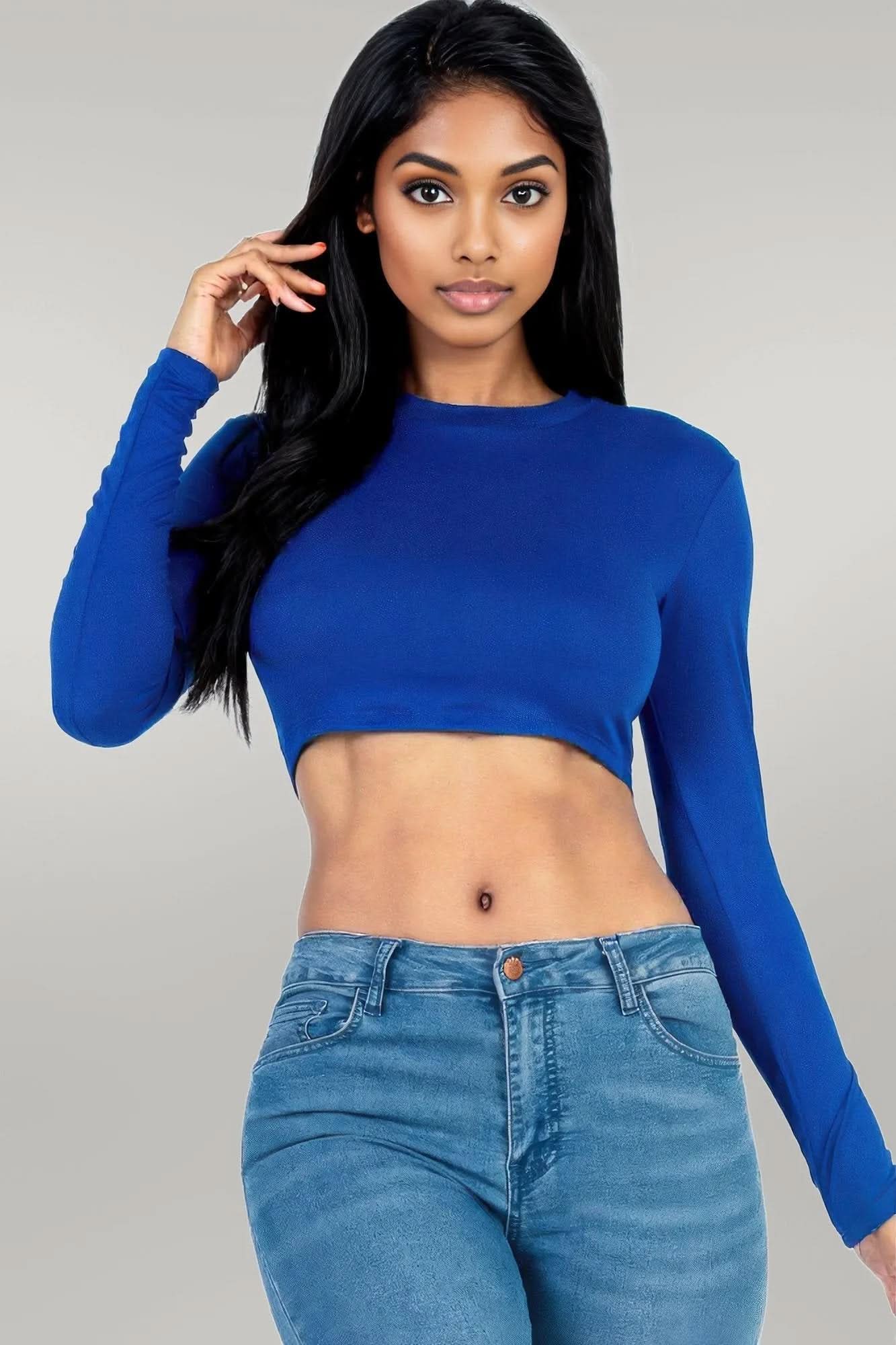 Crew Neck Long Sleeve Cropped Top Royal
