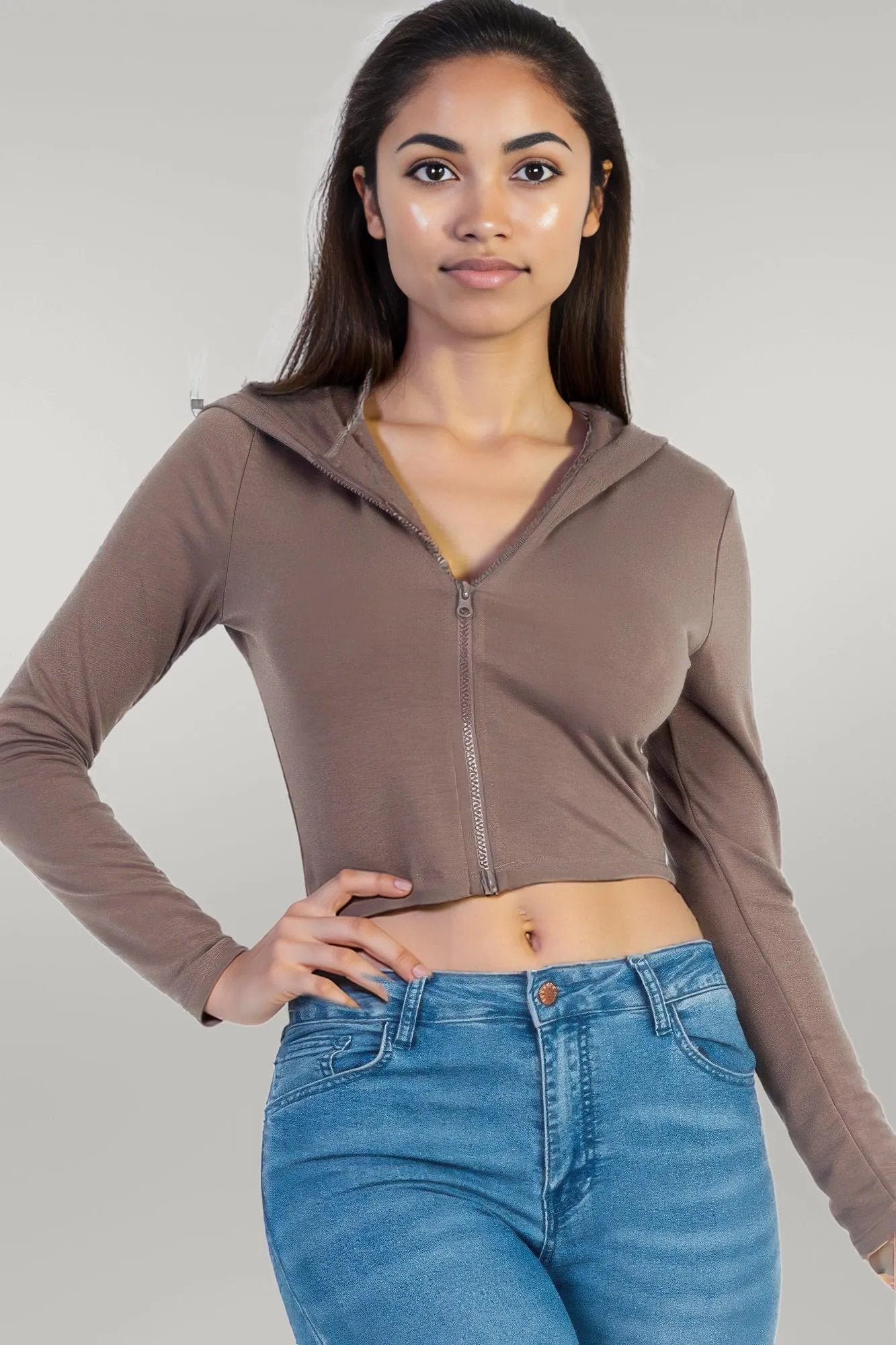 French Terry Crop Zip Up Hoodie Taupe