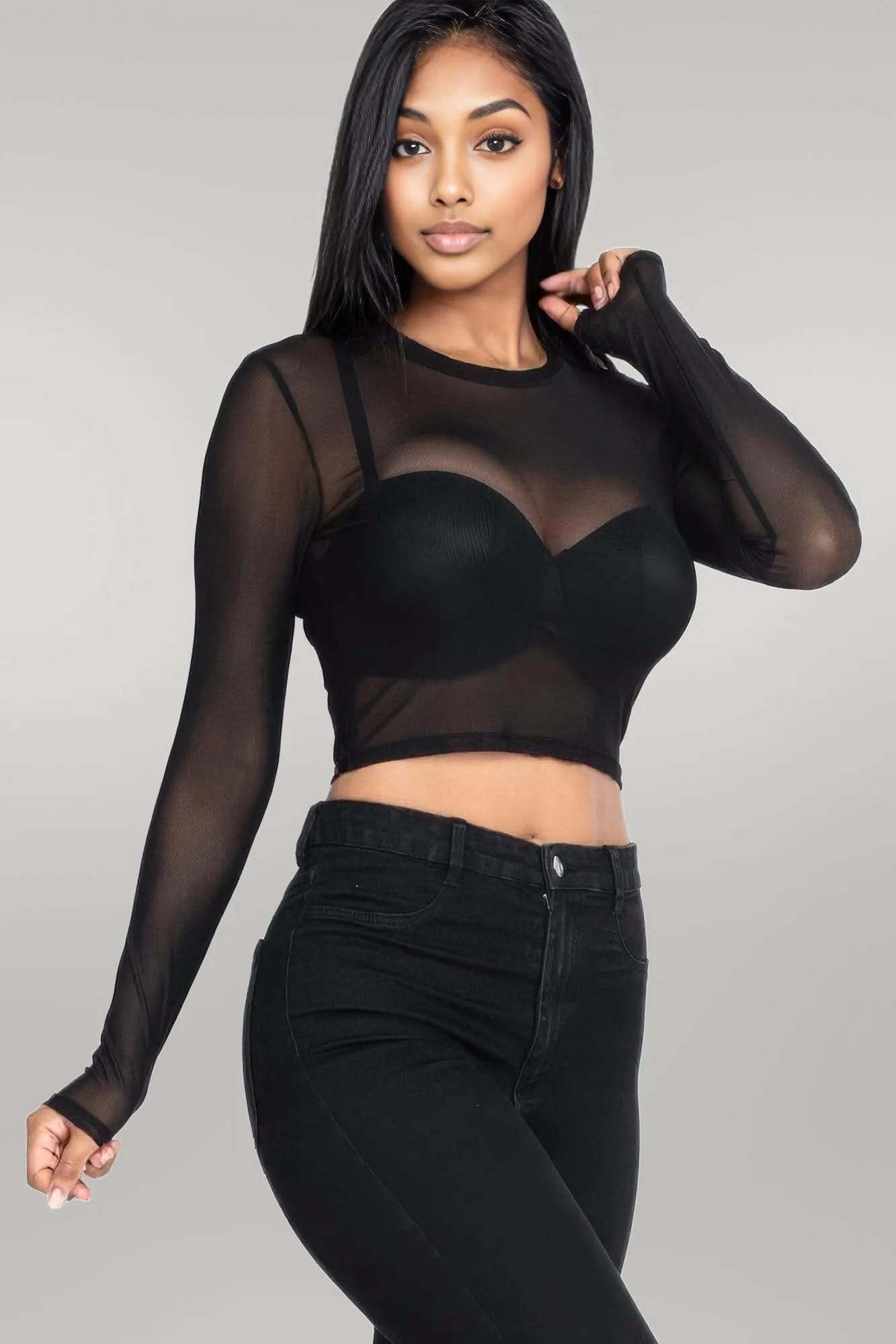 Sexy Sheer Mesh Long Sleeve Crop Top