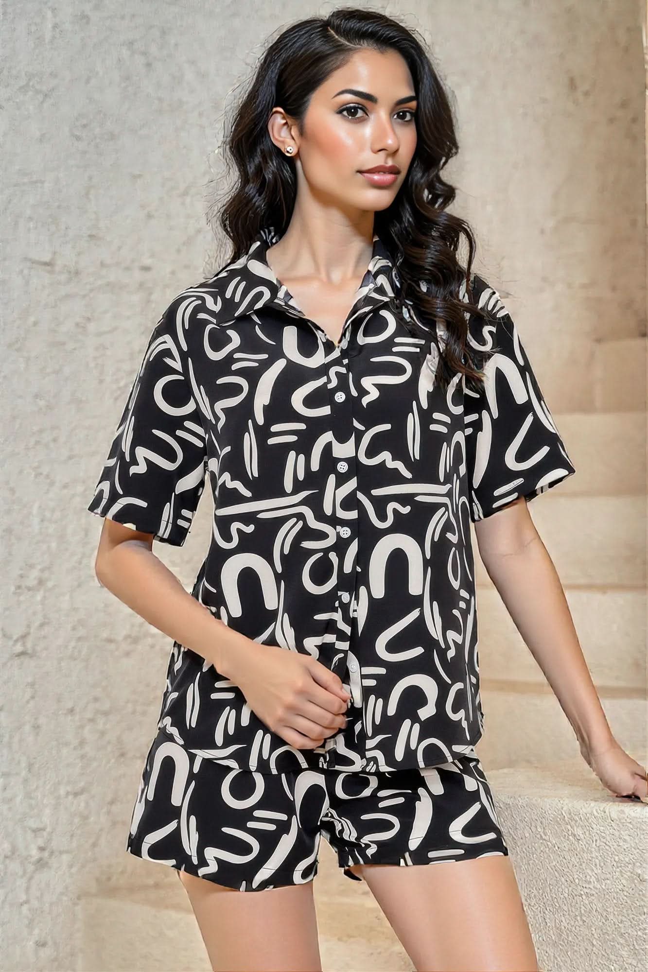 Outfit Sequins Lips Print Button Down Shorts Set