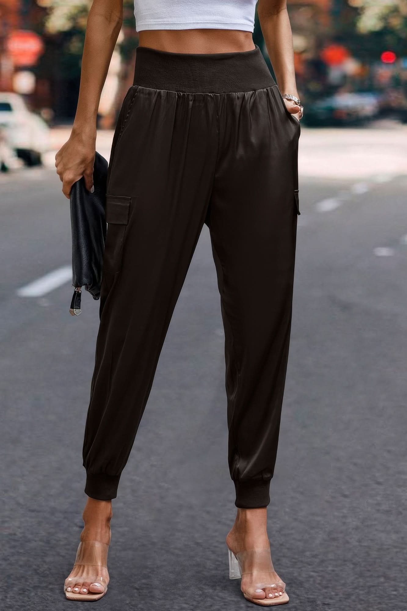 High Waist Trousers Pocket Satin Jogger Pants Coffee