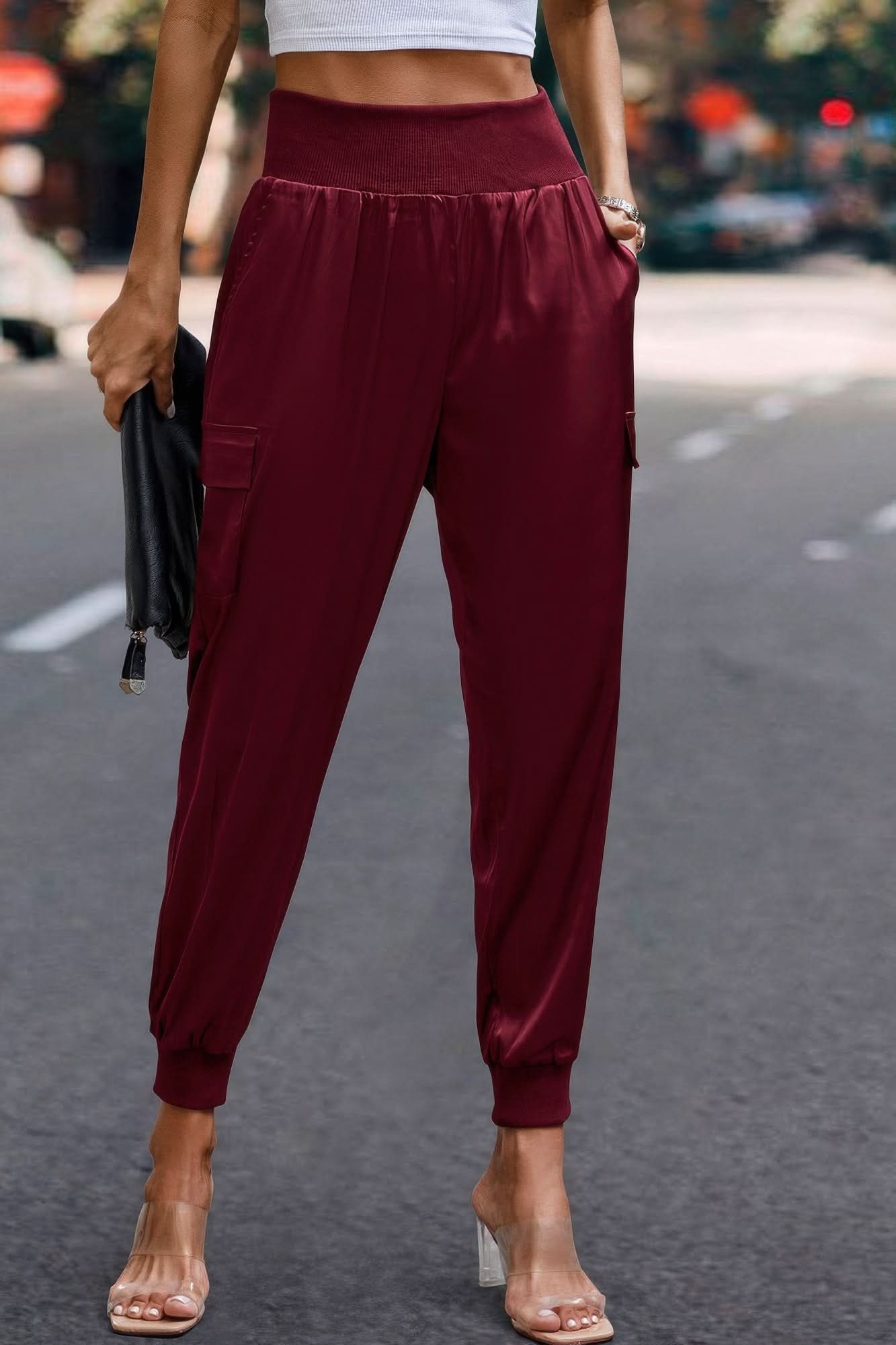 High Waist Trousers Pocket Satin Jogger Pants Wine