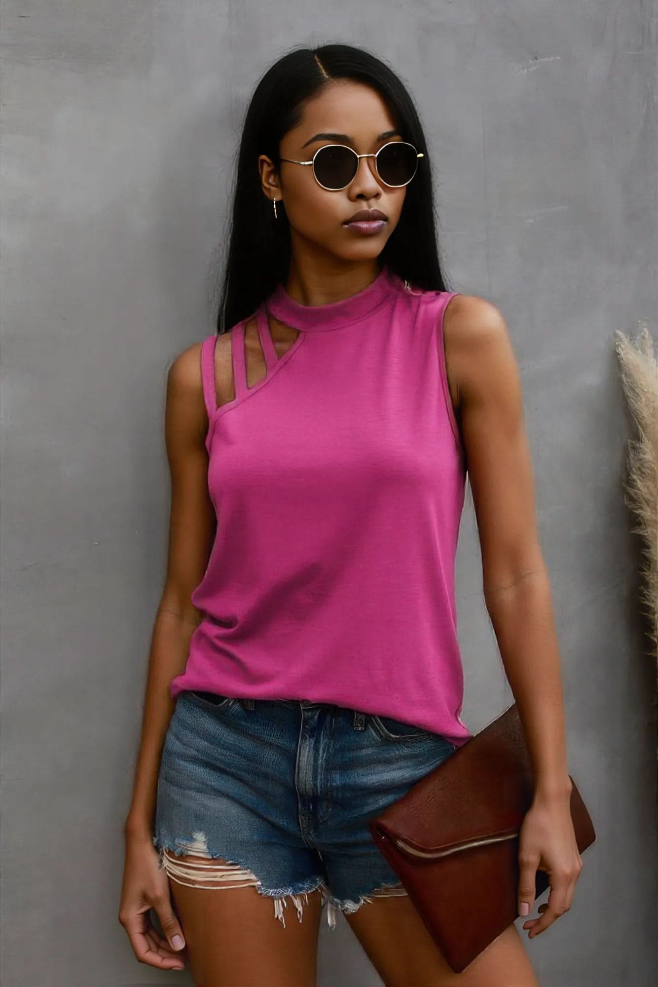 Solid Cold Cut Out Shoulder Sleeveless Top Fuchsia