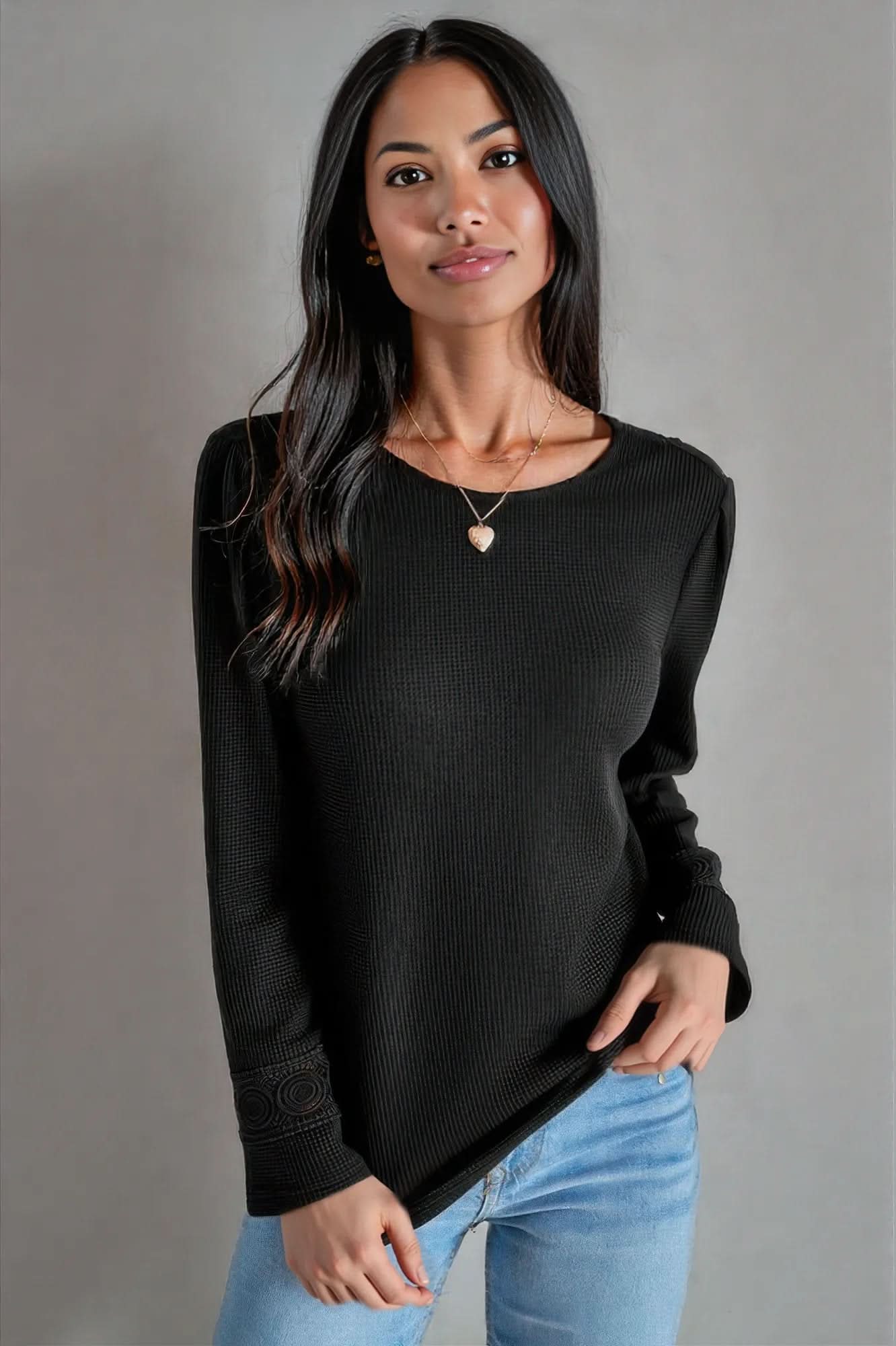 Knit Solid Double Wearing Lace V Neck Loose Top