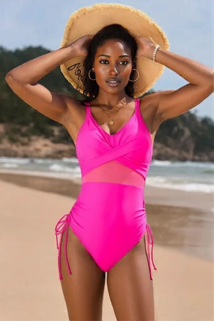 Drawstring Ruched V-Neck One-Piece Swimwear Hot Pink