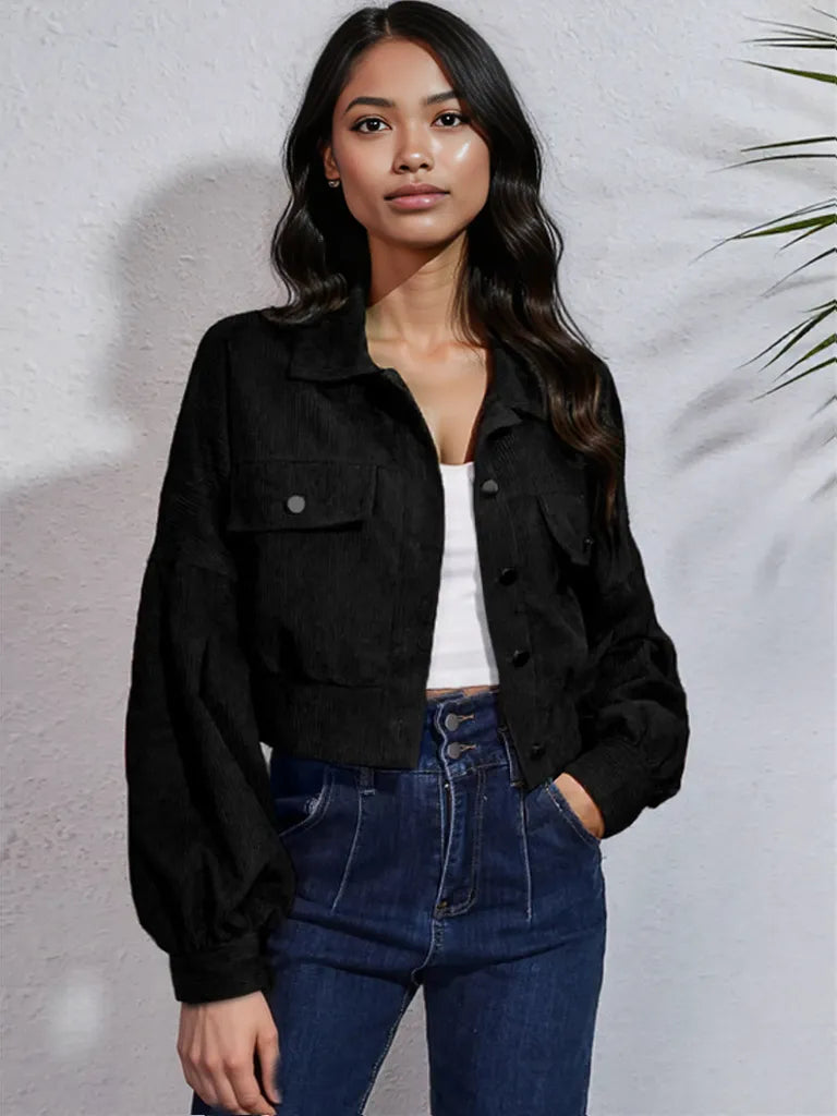 Button Down Collared Neck Cropped Jacket Black