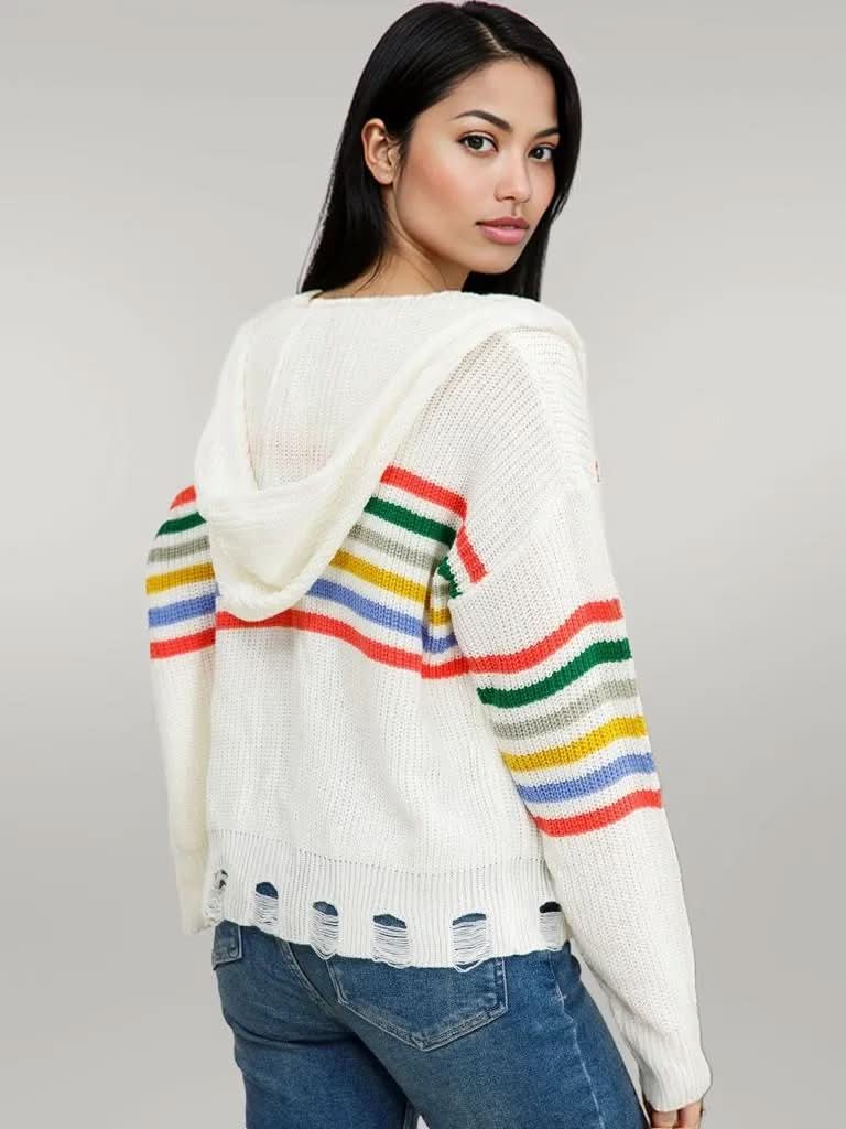 Drawstring Striped Dropped Shoulder Hooded Cardigan