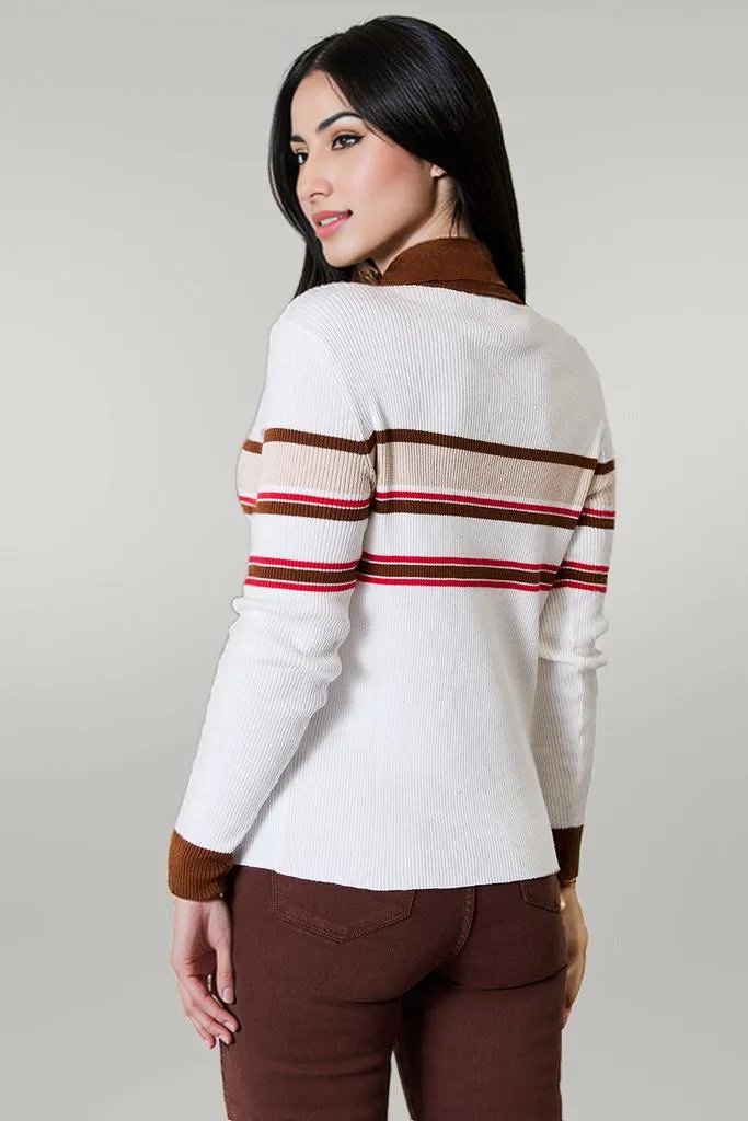 Basic Bae Striped Collared Neck Rib-Knit Top Beige