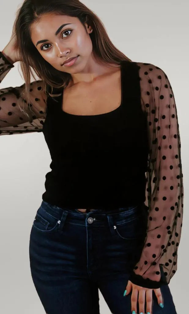 Mesh Patchwork Square Neck Blouse Black