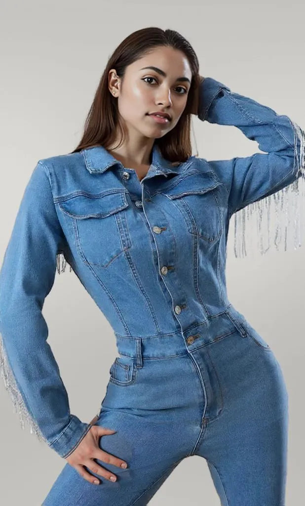 Fringe Half Button Long Sleeve Denim Jumpsuit