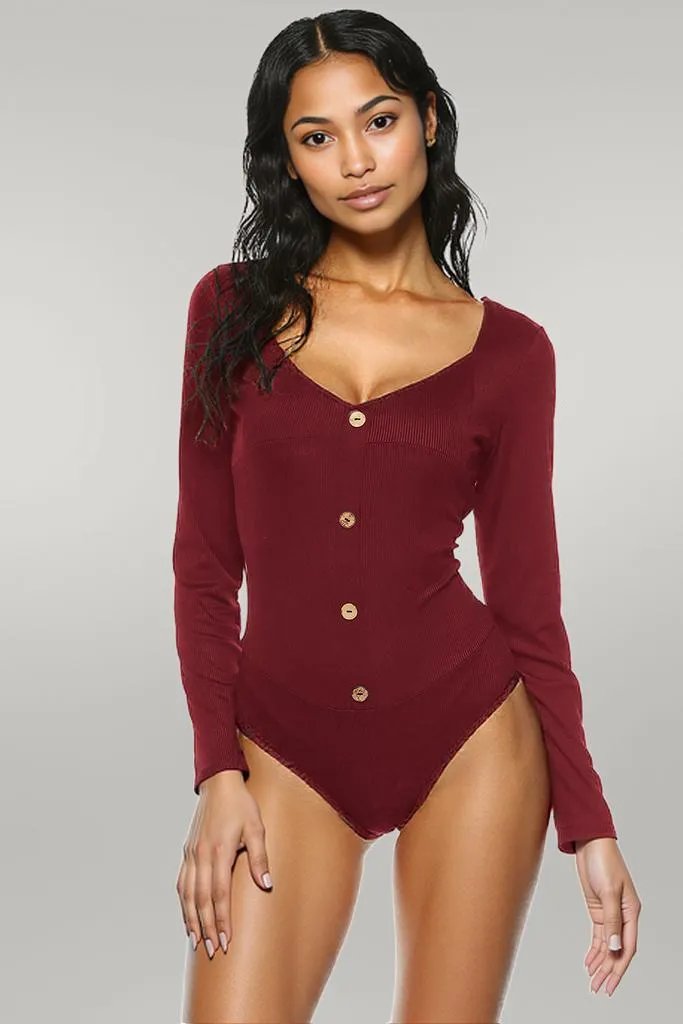 Button Detail Bodysuit Brick Red