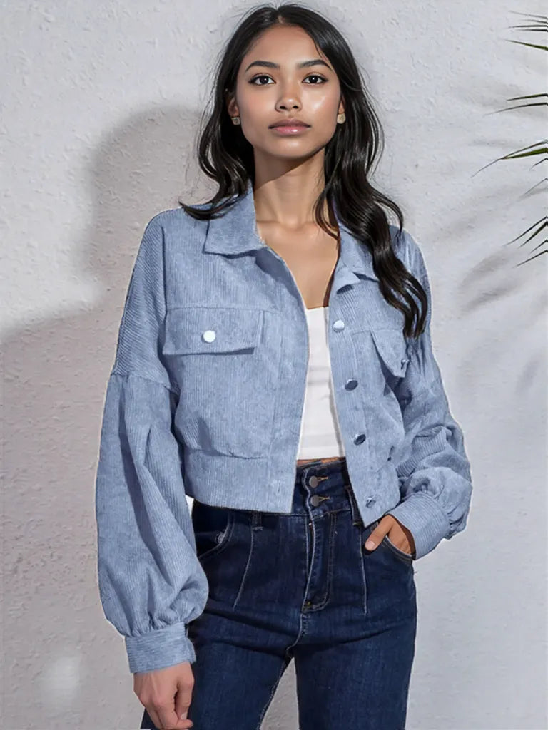 Button Down Collared Neck Cropped Jacket Light Blue