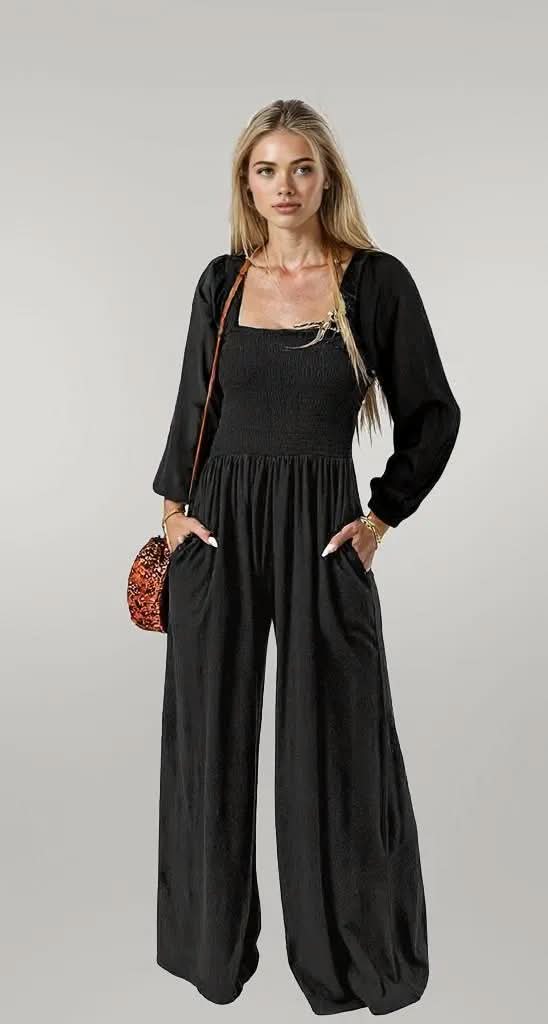 Square Neck Raglan Sleeve Jumpsuit with Pocket Black
