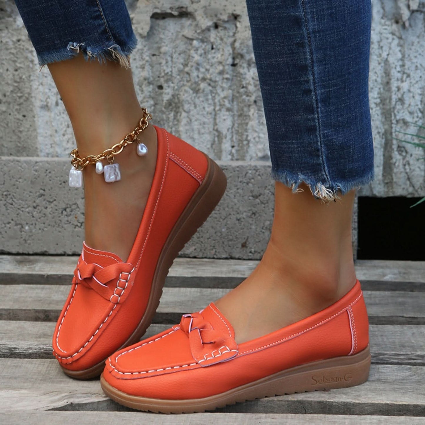 Weave Wedge Heeled Loafers Orange-Red