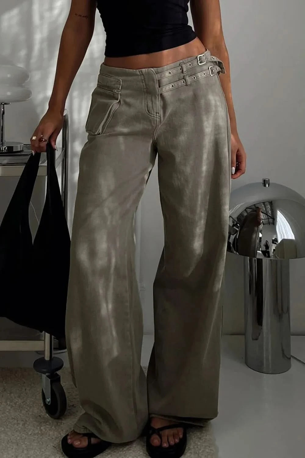 Wide Leg Jeans with Pockets Dark Gray