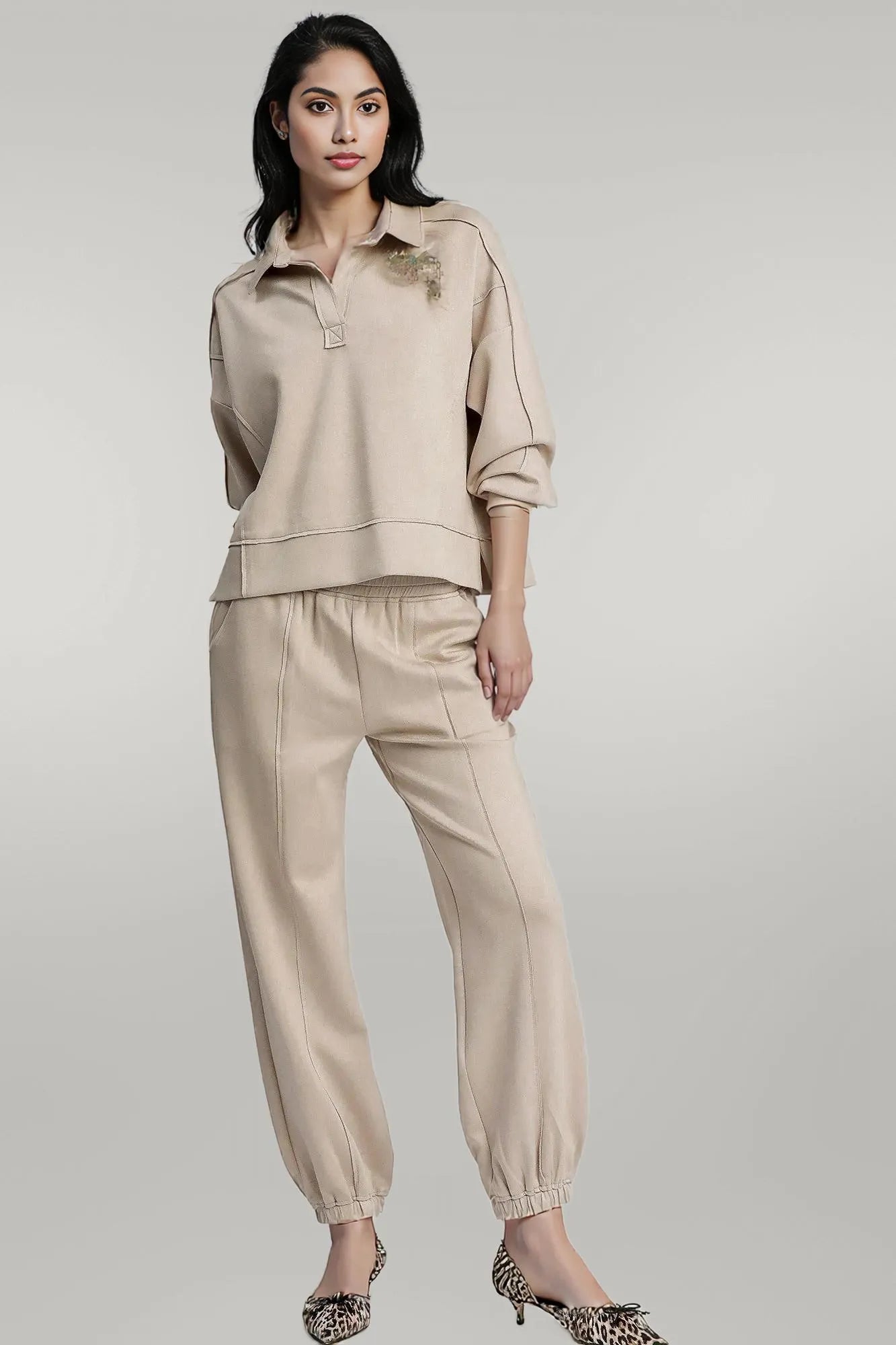 Umgee Exposed Seam Long Sleeve Polo Top with Side Slit