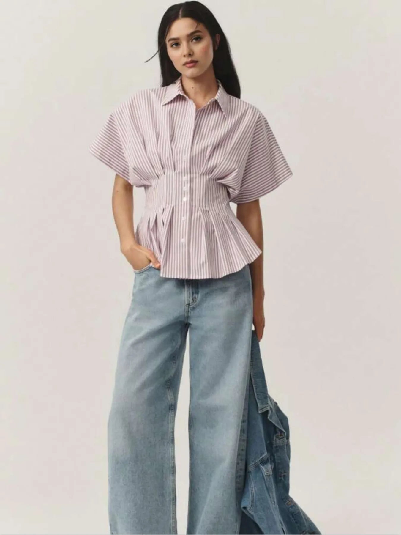 Striped Short Sleeve Button-Up Shirt Blush Pink