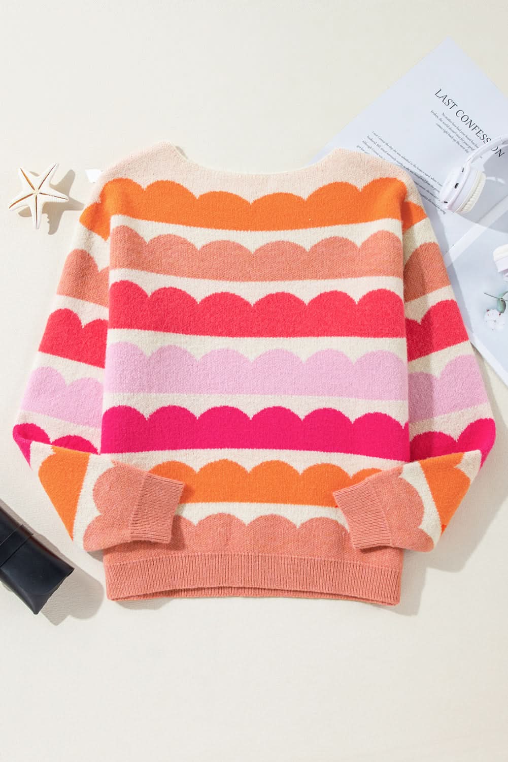 Rose Red Wave Striped Balloon Sleeve Drop Shoulder Sweater Rose Red 42%Acrylic+30%Polyester+28%Polyamide