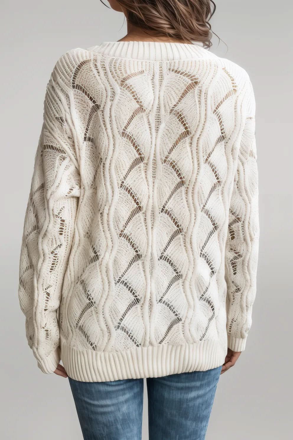 Mint Green Hollow Out Knit V Neck Drop Shoulder Sweater Beige 48%Acrylic+42%Polyamide+10%Wool