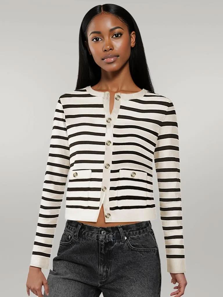 Striped Round Neck Button Up Long Sleeve Cardigan White